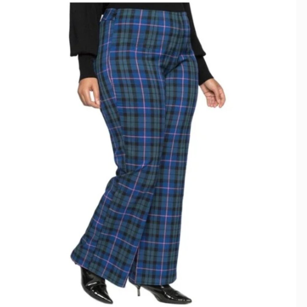 NWT Eloquii Windowpane Plaid Wide Leg Pants Side Zip Blue Academia Preppy 20